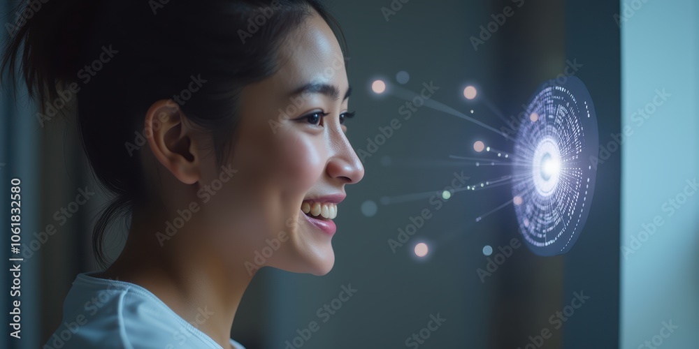 Smiling Woman Engaging with AI Companion Technology Smiling Woman Engaging with AI Companion Technology