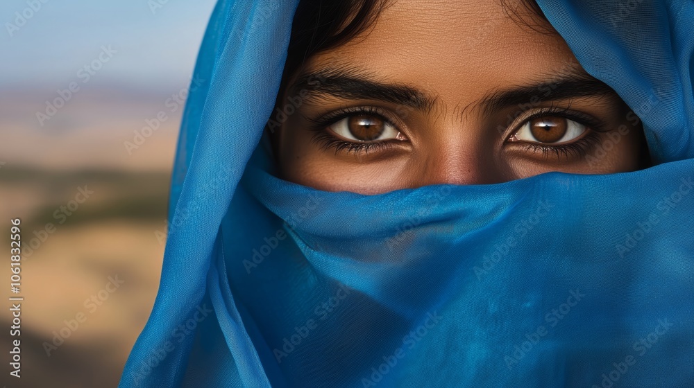 Fototapeta premium A woman is covering her face with a vibrant blue cloth fabric