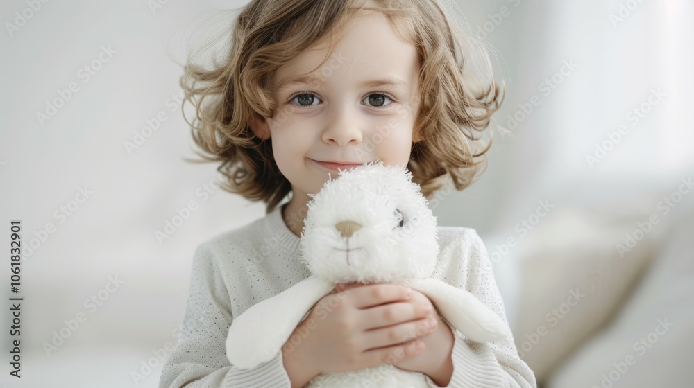 A joyful child holds a fluffy rabbit toy, embodying warmth and innocence in a softly lit, serene setting. A joyful child holds a fluffy rabbit toy, embodying warmth and innocence in a softly lit, serene setting.