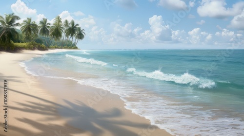 A serene beach scene featuring gentle waves, golden sand, and lush palm trees under a bright blue sky with fluffy clouds.