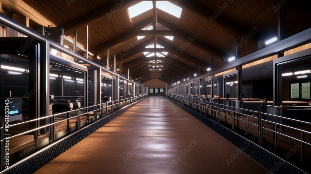 Obraz premium A modern pig farm features IoT sensors on barn walls, feeding stations, and water troughs, seamlessly integrating technology into every aspect of livestock care and management.