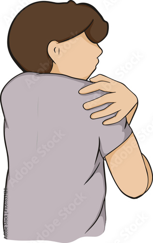 Cartoon drawing of a man with shoulder pain, upper arm pain, office syndrome, muscle problems, muscle tension and tendons, pain, massage, inflammation. vector illustration.