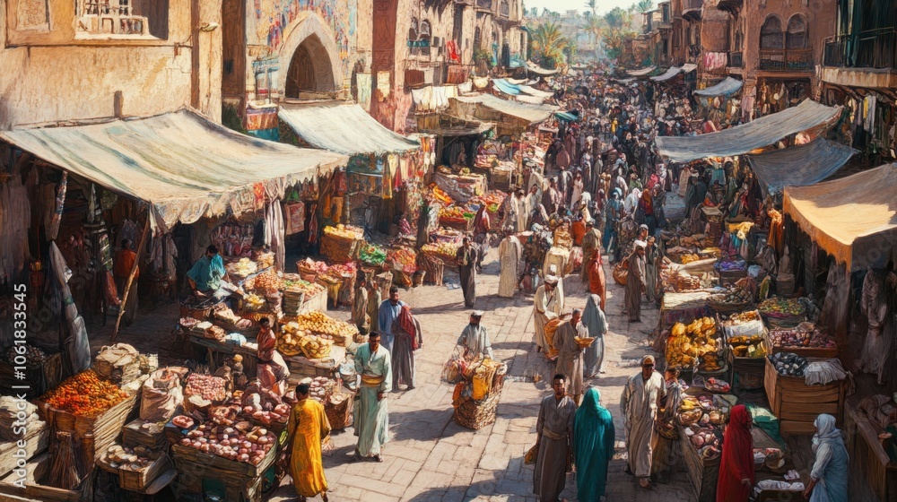 Naklejka premium A vibrant market bustling with activity and colorful stalls in an ancient city during the afternoon