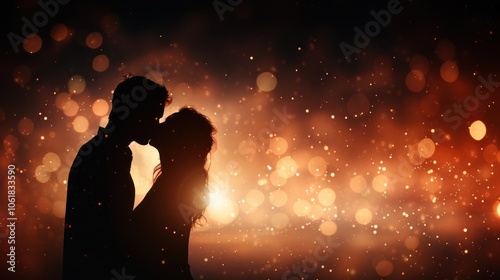 A romantic silhouette of a couple embracing amidst a backdrop of shimmering bokeh lights, creating an intimate and dreamy atmosphere.