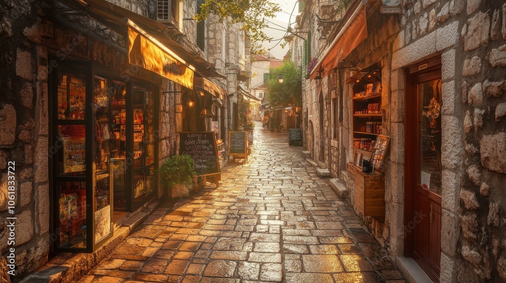 Fototapeta premium A charming narrow street in the old town of Kotor filled with shops and warm evening light