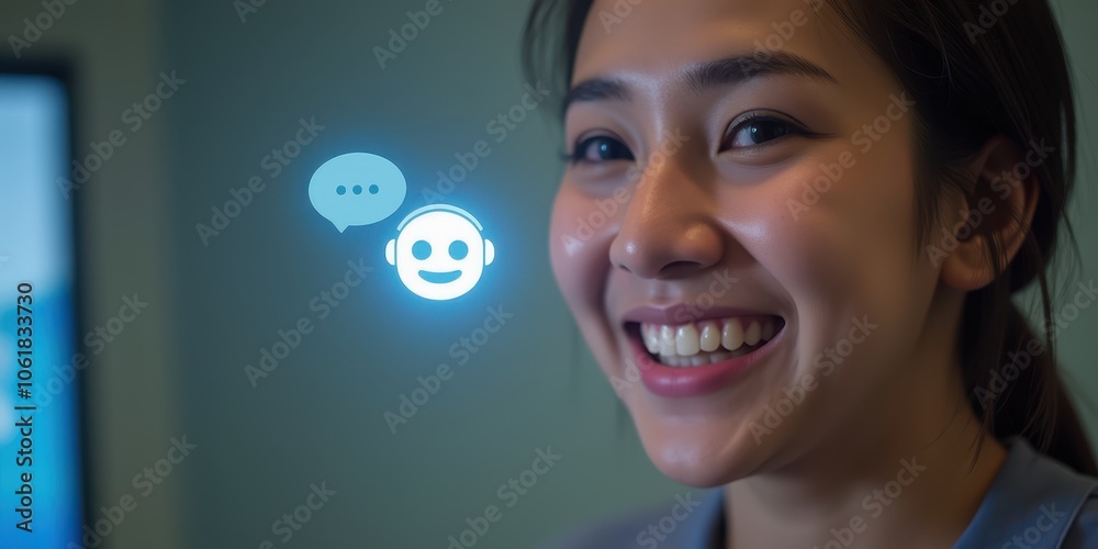 Smiling Woman Interacting with AI Chatbot Interface Smiling Woman Interacting with AI Chatbot Interface