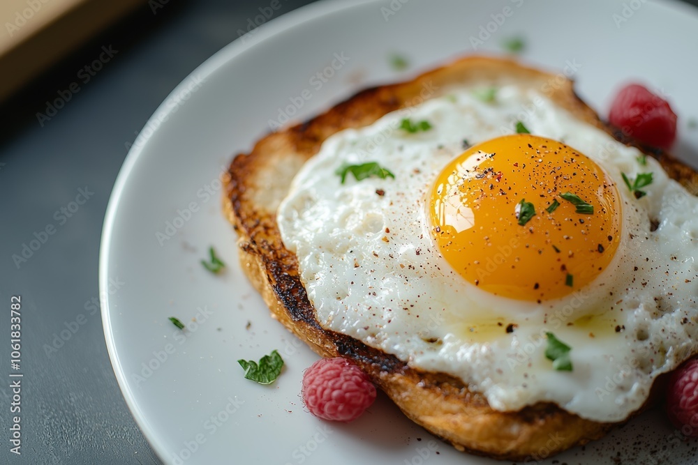 Deliciously cooked egg on toasted bread garnished with fresh herbs and raspberries on a white plate in a cozy kitchen setting