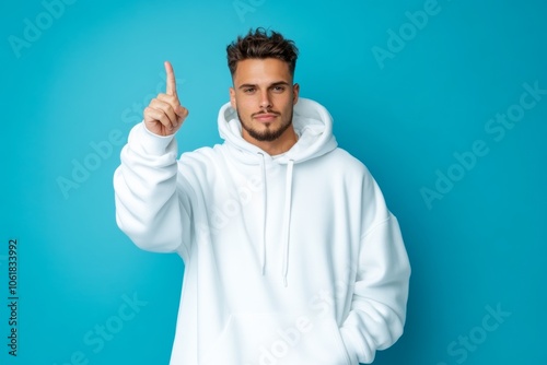 Man in a white hoodie is pointing up with his index finger. Concept of confidence and positivity