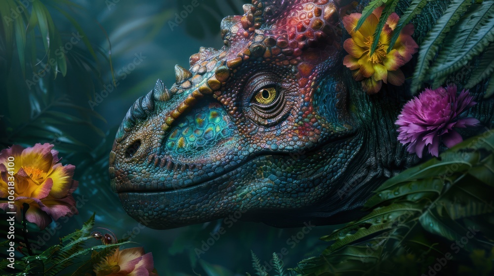 Obraz premium A vibrant, colorful dinosaur blends into lush foliage, surrounded by bright flowers, showcasing a unique fusion of nature and prehistoric life.