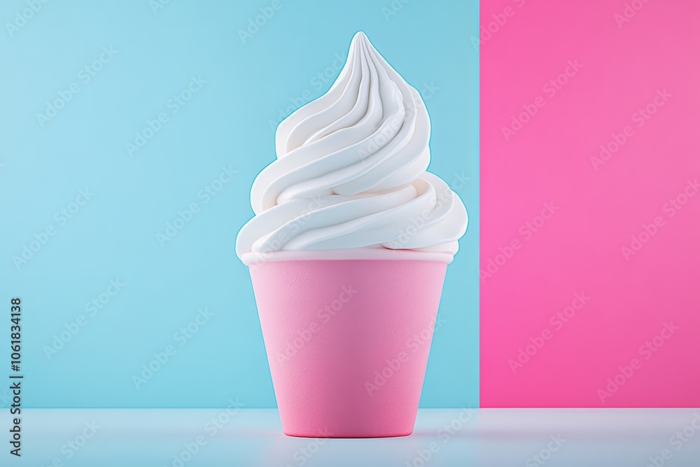 White ice cream cone in a pink cup on a blue background. The pink and blue colors create a playful and fun mood White ice cream cone in a pink cup on a blue background. The pink and blue colors create a playful and fun mood
