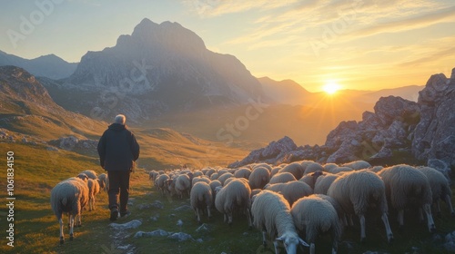 Wallpaper Mural A local farmer herds sheep through the serene mountain landscape during a vibrant sunset in the countryside Torontodigital.ca