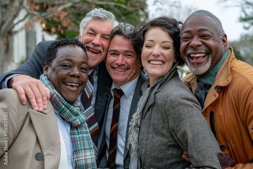 Multi-ethnic group of senior friends smiling at the camera in the street