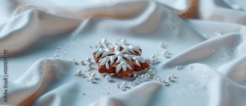 A delicate snowflake-shaped cookie, adorned with intricate icing, rests elegantly on a lustrous backdrop, evoking winter's sweetness.