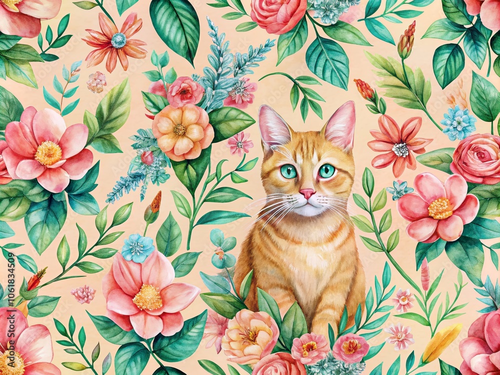 Fototapeta premium Watercolor Cat Seamless Pattern with Flowers in Peach and Green - Perfect for Fabric, Wallpaper, and Home Decor