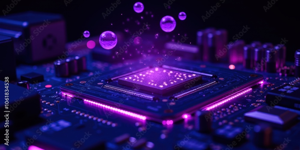 Fototapeta premium Abstract Circuit Board with Glow and Bubbles
