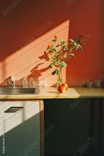 A kitchen plant sink red. photo