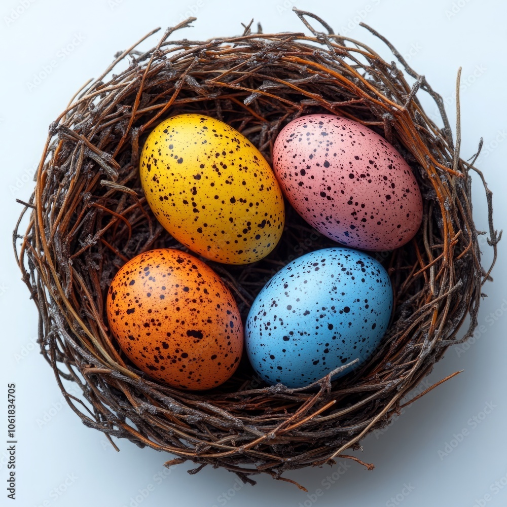 Colorful Easter Eggs in Nest - Top View Isolated on White Background for Spring and Holiday Celebrations Colorful Easter Eggs in Nest - Top View Isolated on White Background for Spring and Holiday Celebrations