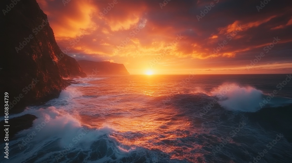 Dramatic sunset lights up rocky coastline with crashing waves on a tranquil evening