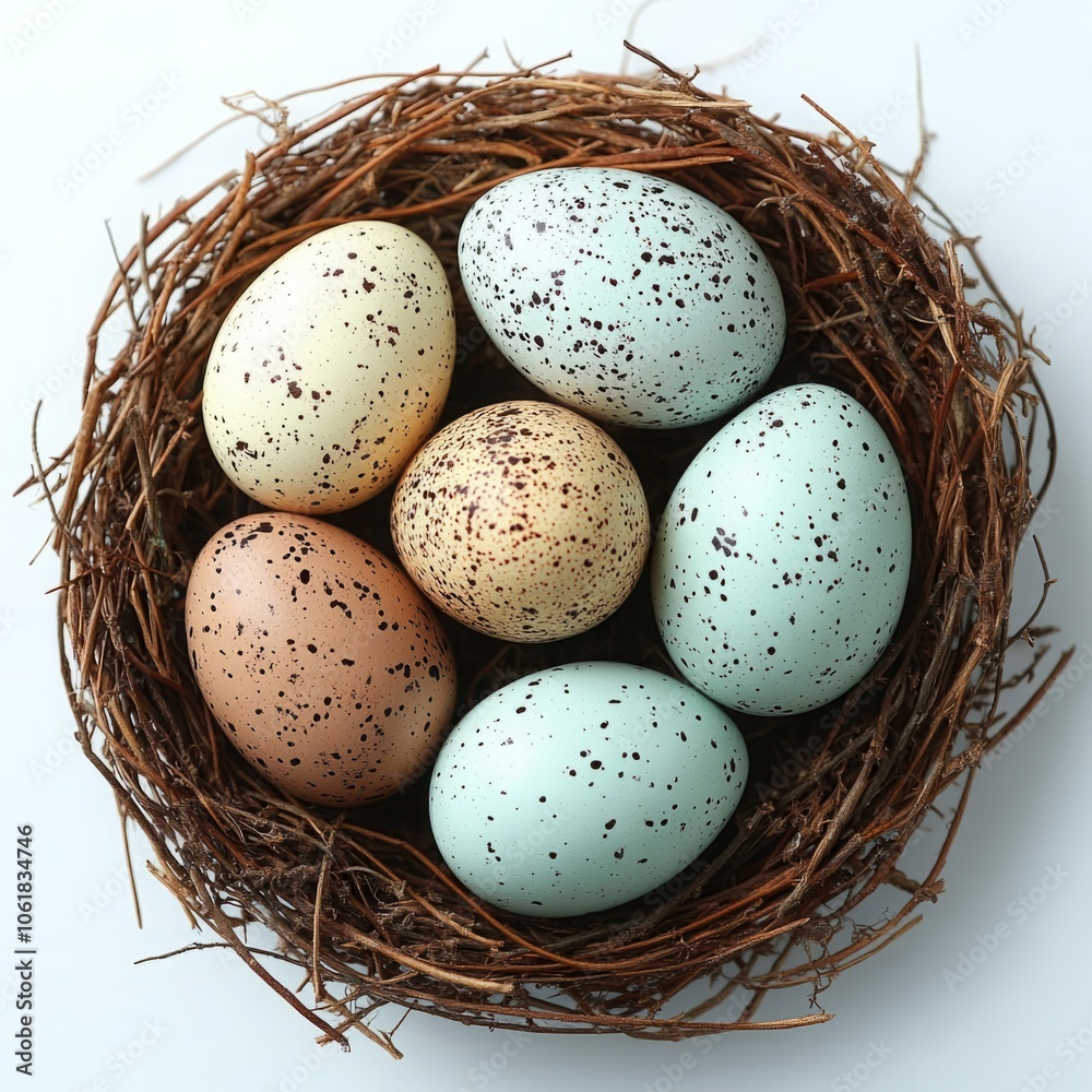 Colorful Easter Eggs in Nest - Top View Isolated on White Background for Spring and Holiday Celebrations Colorful Easter Eggs in Nest - Top View Isolated on White Background for Spring and Holiday Celebrations