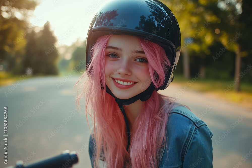 Young Pretty pink-haired girl at outdoors on bike Young Pretty pink-haired girl at outdoors on bike