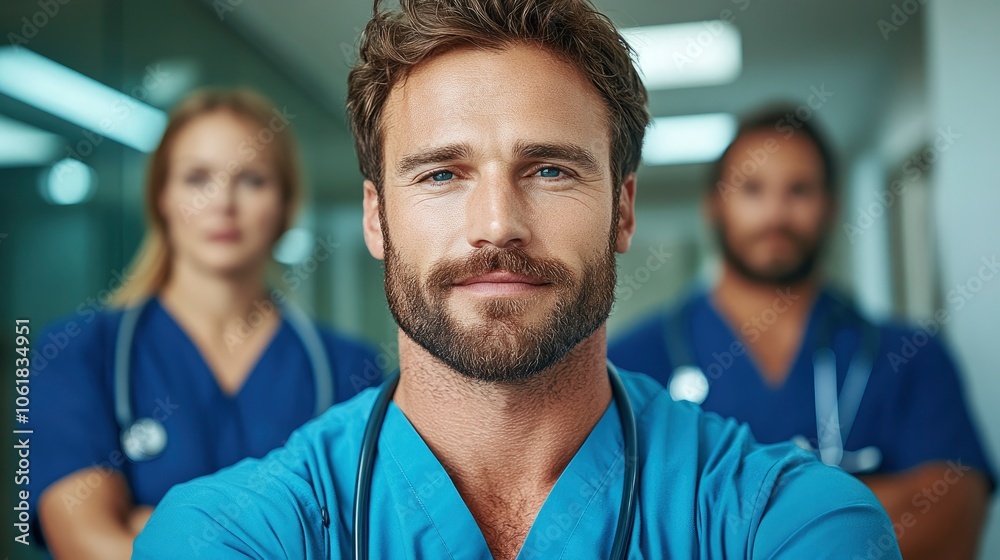 Confident Male Doctor in Hospital Corridor Confident Male Doctor in Hospital Corridor