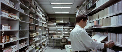 A methodical archivist organizes volumes in a meticulously arranged library, embodying precision and order amidst a backdrop of neatly stacked shelves.
