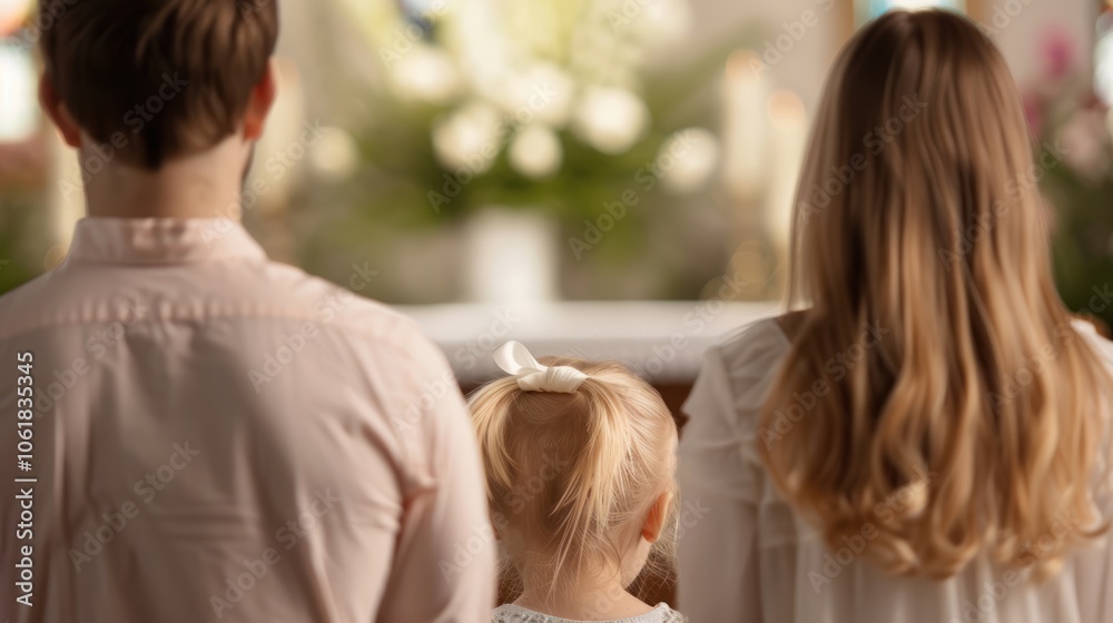 Fototapeta premium A family stands together, gazing at a floral arrangement in a serene setting, emphasizing love and togetherness.