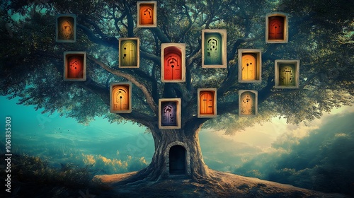 A large, ancient tree with many doorways leading to different worlds, a magical and mysterious place.