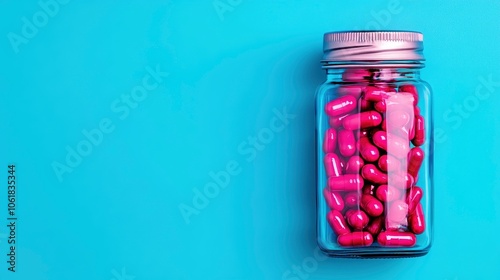 Pink Capsules in Glass Jar on Blue Background