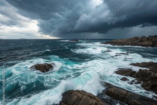 Dramatic Marine Scene of Choppy Sea Waves Under Brooding Sky Evoking Power and Mystery