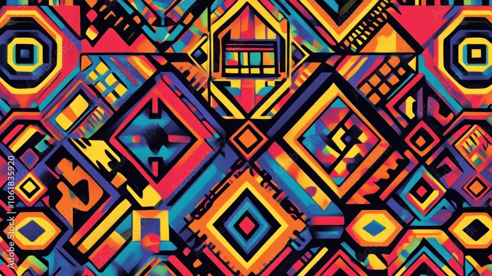Bold African Kente cloth pattern with bright colors and geometric designs, symbolizing pride and heritage Bold African Kente cloth pattern with bright colors and geometric designs, symbolizing pride and heritage