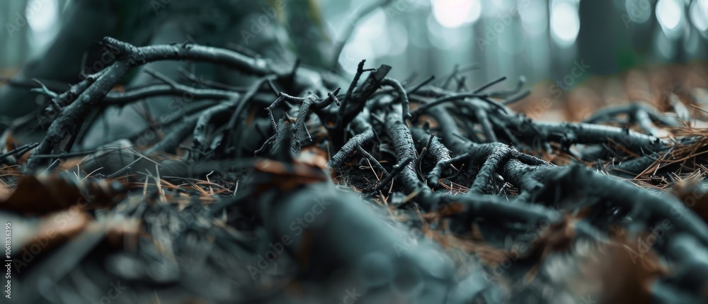 Twisted, gnarly roots stretch across the forest floor, embodying the raw, intricate beauty of untamed nature against a soft-focus backdrop.