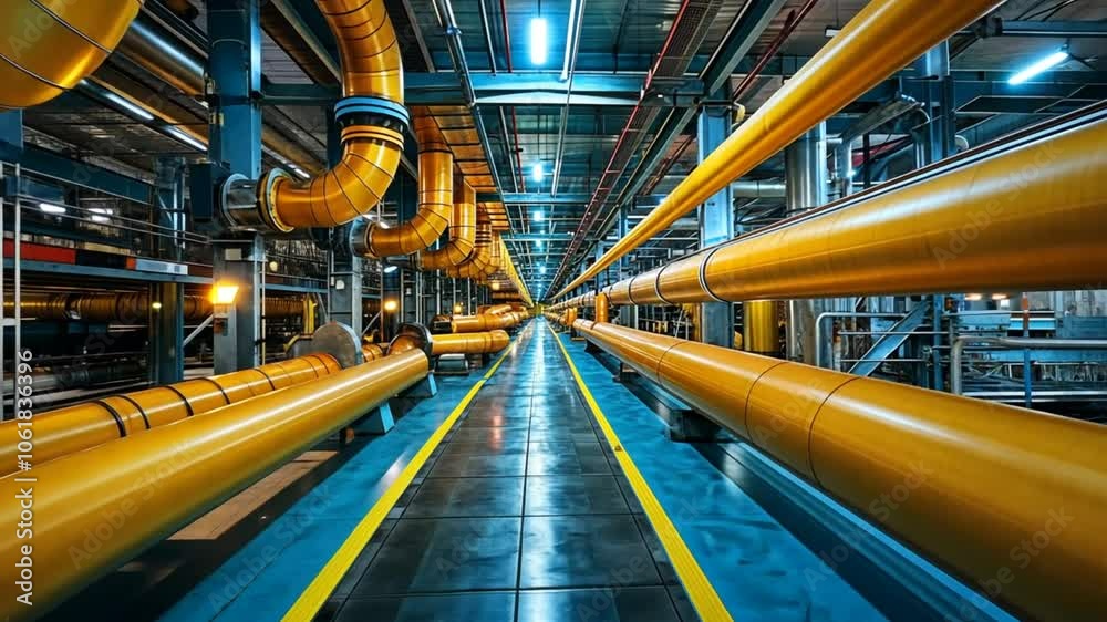 Long rows of bright yellow pipes stretch through a busy industrial facility, with overhead lighting illuminating the workspace as machinery operates in the background Long rows of bright yellow pipes stretch through a busy industrial facility, with overhead lighting illuminating the workspace as machinery operates in the background