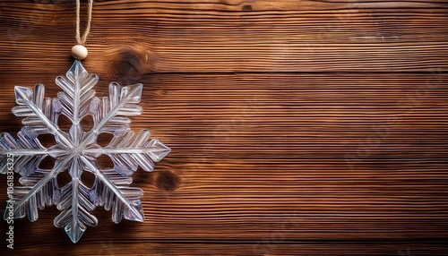 透明な雪の結晶オーナメントが映えるパインの木目テクスチャ、心温まるクリスマスの雰囲気を演出