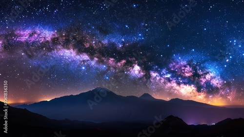 A stunning view of the Milky Way over mountains, showcasing bright stars and a vibrant, colorful night sky.