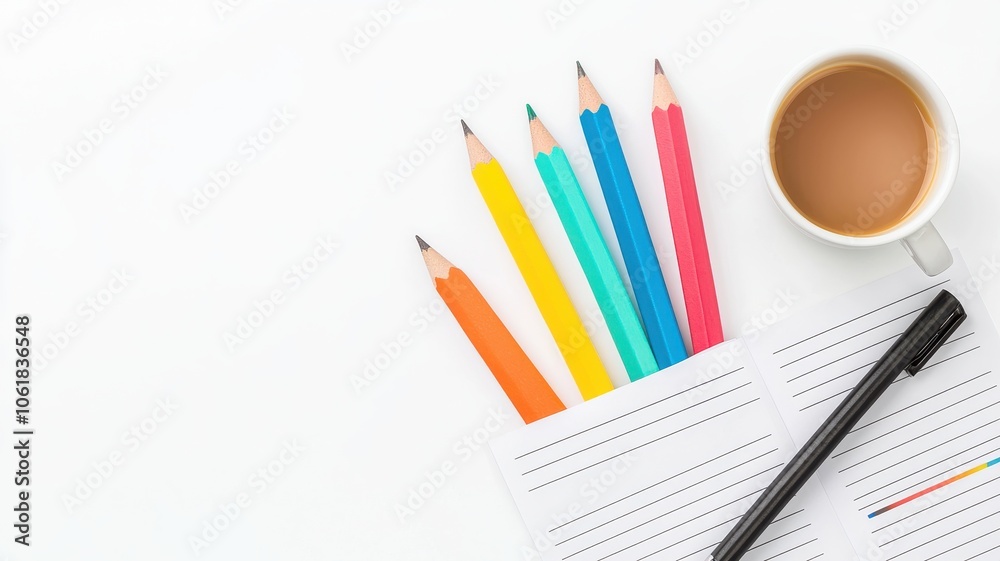 A flat lay of colorful pencils, a black pen, a cup of coffee, and paper, creating a vibrant workspace aesthetic. A flat lay of colorful pencils, a black pen, a cup of coffee, and paper, creating a vibrant workspace aesthetic.