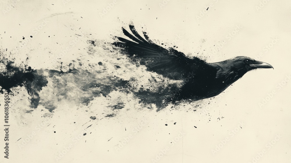 Black Raven in Flight with Abstract Ink Splatter Background Black Raven in Flight with Abstract Ink Splatter Background