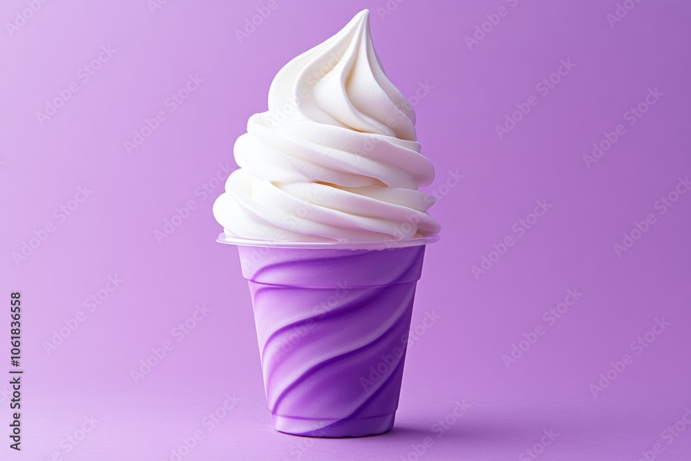 White ice cream cone in a purple cup. The cup is purple and has a swirl design