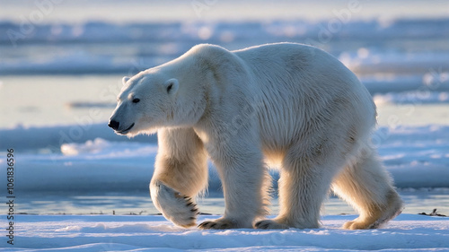 Close-up of a polar bear walking along the icy shore under low winter sun light with ice floes in the background photo