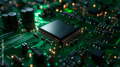 The metallic sheen of a semiconductor chip stands out against a green circuit board, surrounded by tiny resistors and capacitors, symbolizing the heart of technological advancement