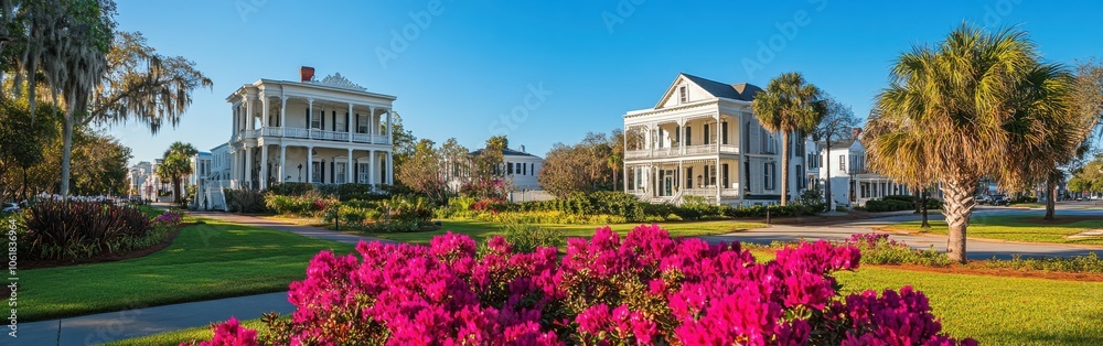 Charming view of historic homes with vibrant flowers in the foreground on a sunny day in a picturesque neighborhood