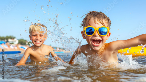 Joyful children splashing in waves, enjoying sunny day at beach. Their laughter and excitement create vibrant atmosphere of summer fun and happiness