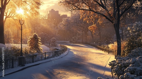 A charming winter road meanders through a park that is illuminated by the sun and covered in snow. photo