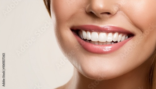 Beautiful white teeth, women's shining smile, dental health, closeup