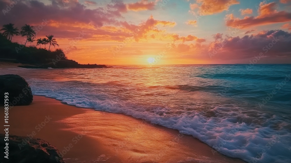 Obraz premium A stunning sunset over the horizon at a tranquil beach with gentle waves and swaying palm trees, creating a serene atmosphere