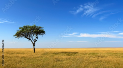 A solitary tree stands in a vibrant, golden grassland under a clear blue sky.