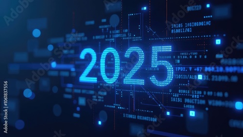 A digital image of a neon sign that reads "2025" against a futuristic technological background. Perfect for illustrating innovation, future trends, and advancements in technology