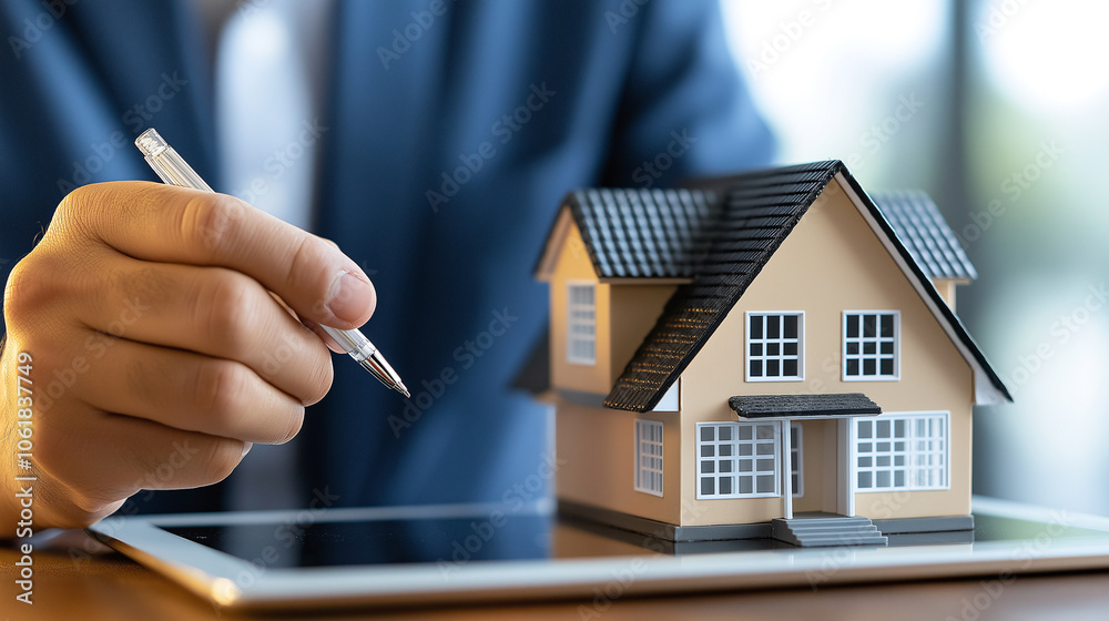 Fototapeta premium person is conducting property risk assessment using model house and tablet. scene conveys professionalism and attention to detail in real estate analysis