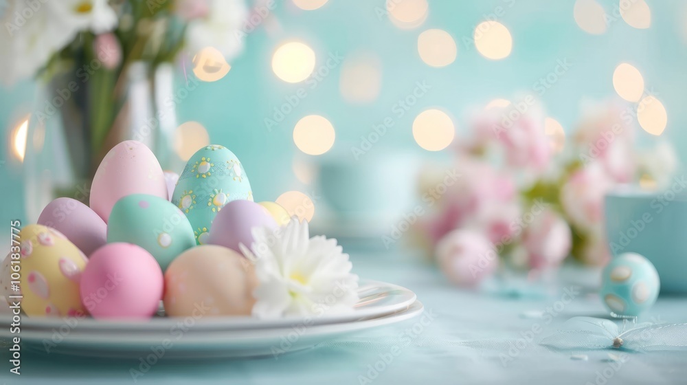 A vibrant arrangement of pastel-colored Easter eggs on a plate, surrounded by flowers and soft bokeh lighting, creating a festive spring atmosphere. A vibrant arrangement of pastel-colored Easter eggs on a plate, surrounded by flowers and soft bokeh lighting, creating a festive spring atmosphere.