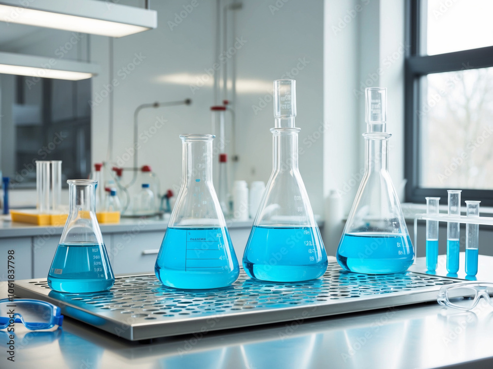 Chemistry Lab Setup with Molecular Models and Blue Liquid in Glassware Chemistry Lab Setup with Molecular Models and Blue Liquid in Glassware